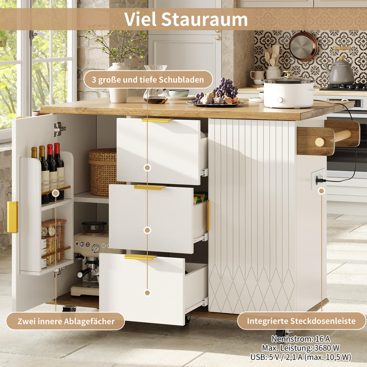 KÜCHENWAGEN in Weiß Kücheninsel aus Rollen mit ausklappbarer Arbeitsplatte & Stromanschluss, 134×46/74×88cm(B x T x H) - Weiß, Holzwerkstoff/Metall (134/88/46cm) - STILVORA