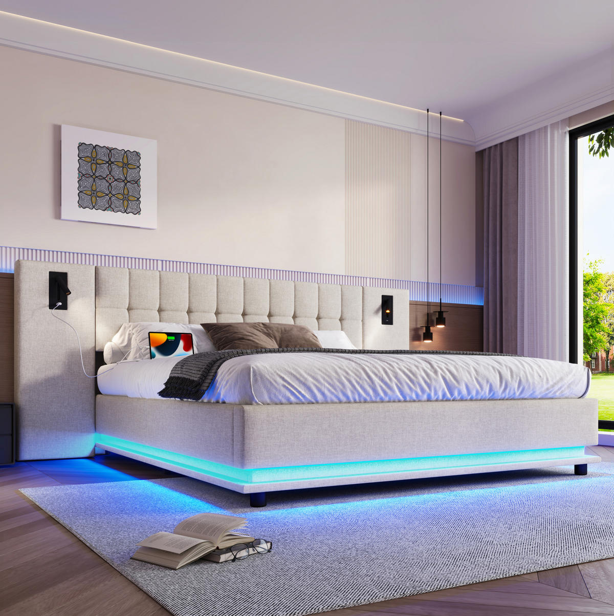 ČALOUNĚNÁ postel 180/200 cm, len, béžová, s LED páskem, USB a lampičkou - béžová, textil (180/200cm) - BEAOK