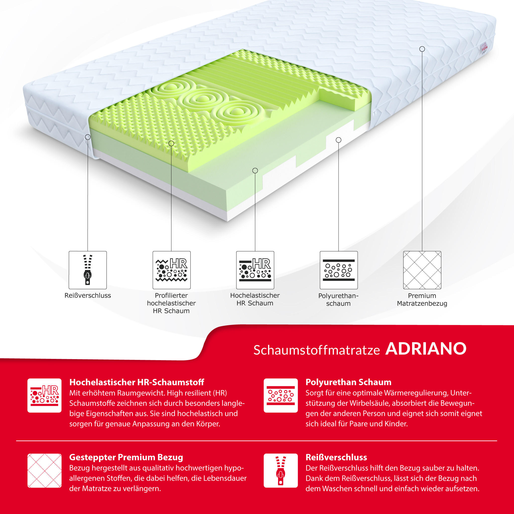 Thumbnail - FDM Kaltschaummatratze, Weiß, Textil, H2 + H3, Füllung: Kaltschaum, Rechteckig, 80x190 cm, Oeko-Tex® Standard 100, Schla...
