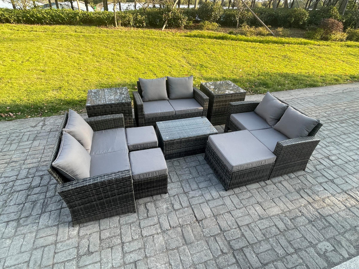 GARTENMÖBEL SET MIT 2 BEISTELLTISCHE 3 HOCKER LIEBESSITZ-SOFA Polyrattan Dunkelgrau Gemischt 9-Sitzer - Dunkelgrau, Metall - Fimous