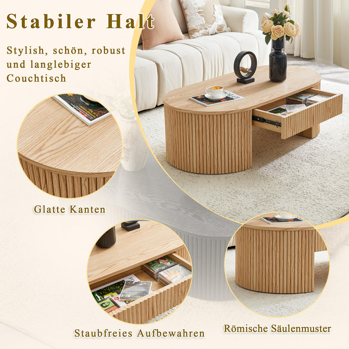 COUCHTISCH Oval Eichenoptik mit Schublade & Fluted Design - Naturfarben, Holzwerkstoff (54/105/38cm) - Urban Meuble