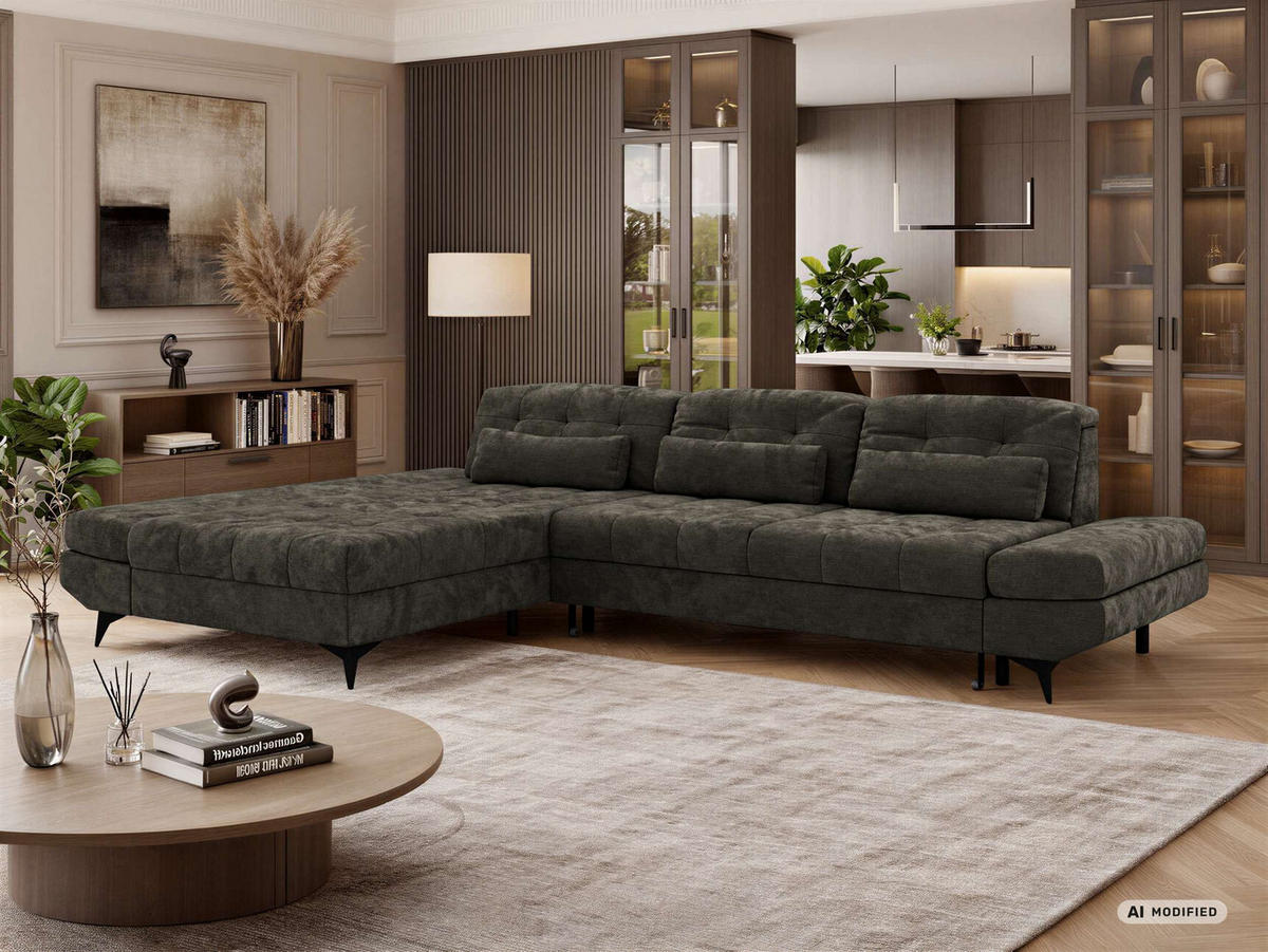 ECKSOFA ALVENO L - Dunkelgrau Schenille glatt - Links Seite - Dunkelgrau/Schwarz, Textil/Metall (218/344cm) - MKS