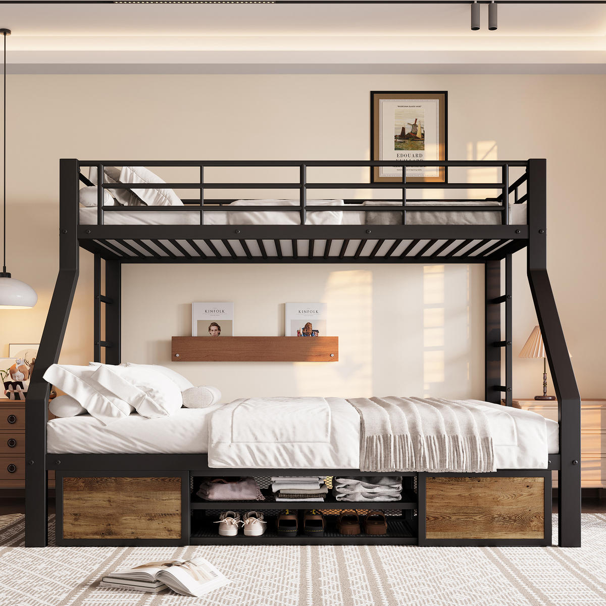 ETAGENBETT 90x200cm + 140x200cm Schwarz Kinderbett Schuhschrank EN747 - Schwarz, Metall (140/200cm) - FLIEKS