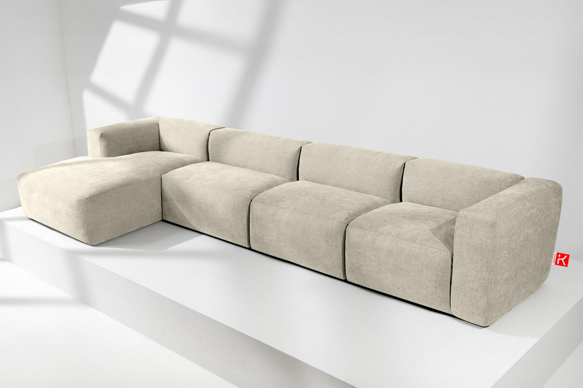 ECKMODULSOFA-LINKS BUFFO 6-Sitzer mit extrem weicher Sitzfläche, Gewebestoff, ecru - Ecru, Textil (377/180cm) - KONSIMO®