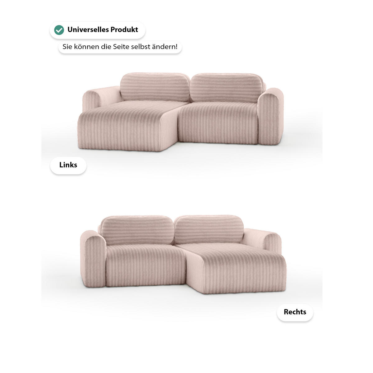 ECKSOFA mit Schlaffunktion Emmen Mini, Rosa - Pink, Textil (246/100cm) - Fedve