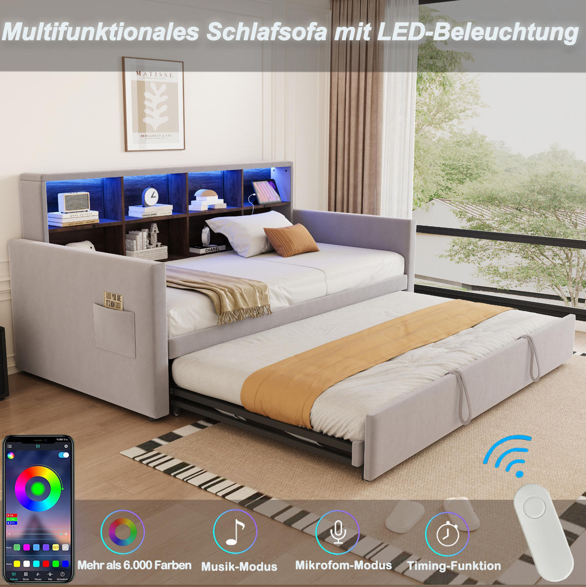 POLSTERBETT aus Samt 90x190 cm Hellgrau mit Ausziehbett, LED-Beleuchtung und Ladeanschlüssen - Hellgrau, Textil (90/190cm) - IVMEU