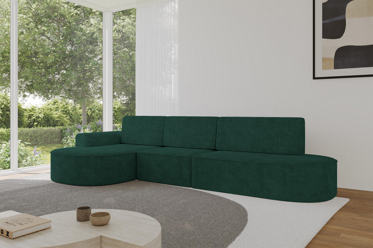 ECKSOFA mit Schlaffunktion Ottomane Links MARI L2-S 368X167X85 Grün Velours - Waldgrün/Schwarz, Holzwerkstoff/Kunststoff (368/167cm) - ALTDECOR