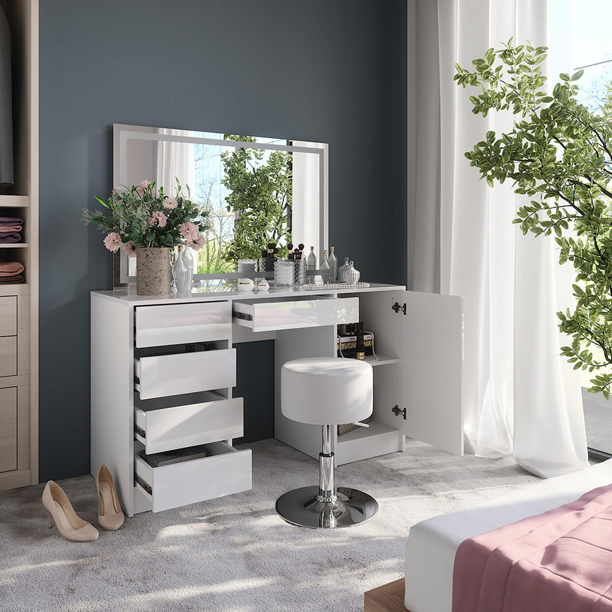 SCHMINKTISCH Sherry Weiß/Weiß Hochglanz 128.2 cm mit LED-Spiegel und Hocker - Weiß Hochglanz, Holzwerkstoff (128.2/76/50.1cm) - Vicco