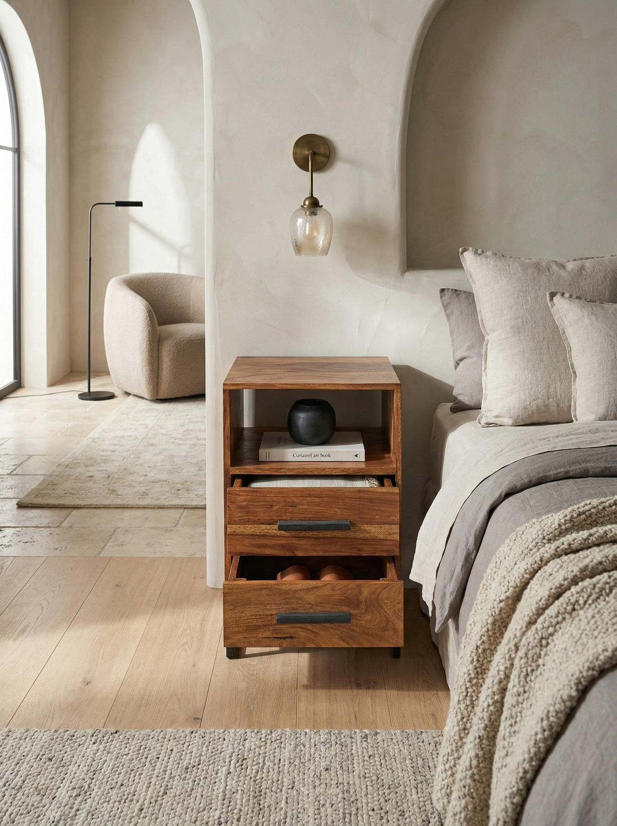 NACHTTISCH – Massivholz/Metall, Industrial-Stil, für Boxspringbett - Schwarz/Braun, Holz/Metall (40/66/35cm) - KADIMA DESIGN