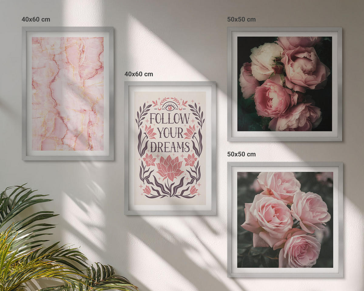 BILDER SET 4er Set - 50x50 cm & 40x60 cm Silberner Rahmen - Vintage-Rosen-Marmorträume - Silberfarben, Kunststoff (50/50cm) - TULUP
