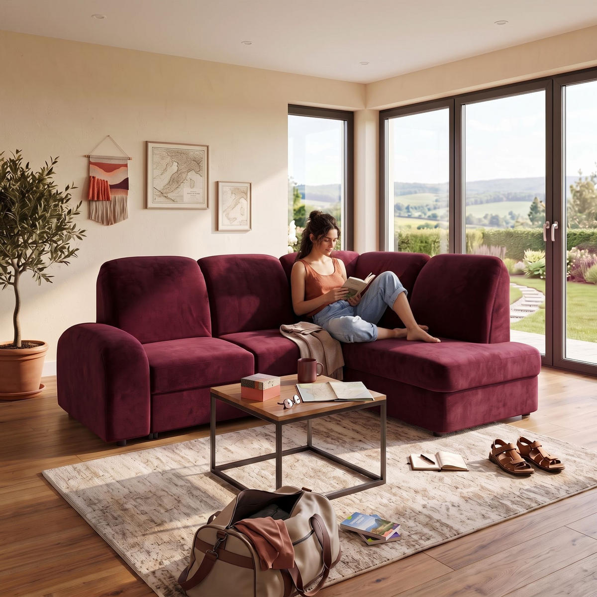 ECKSOFA VIBE L Rechts mit Schlaffunktion 129x205 Chenille Bordeaux - Bordeaux/Schwarz, Holz/Kunststoff (250/186cm) - Muffo