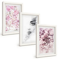 BILDER SET 3er Set - 20x30 cm Weißer Rahmen - Pfingstrosenporträt einer Frau in Schwarzweiß - Weiß, Kunststoff (20/30cm) - TULUP