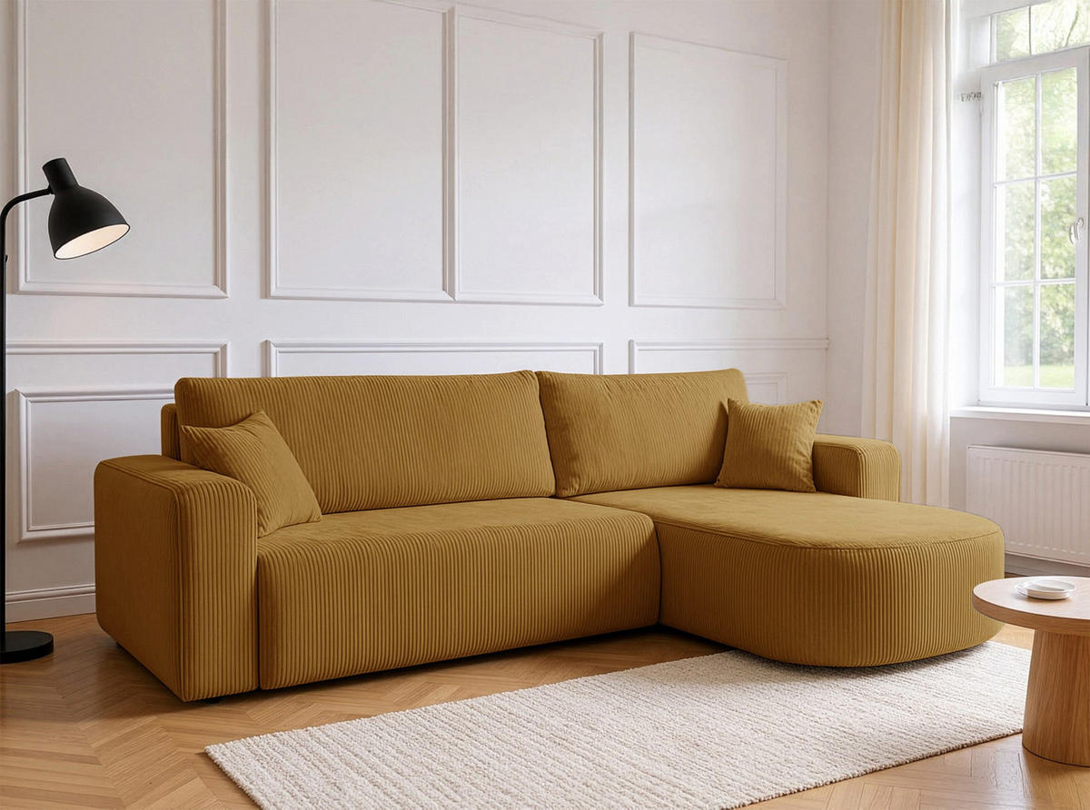 ECKSOFA mit Schlaffunktion Teeo L-Form universal mit Bettkasten Senfgelb Cord - Currygelb/Schwarz, Kunststoff/Textil (275/170cm) - Homebook