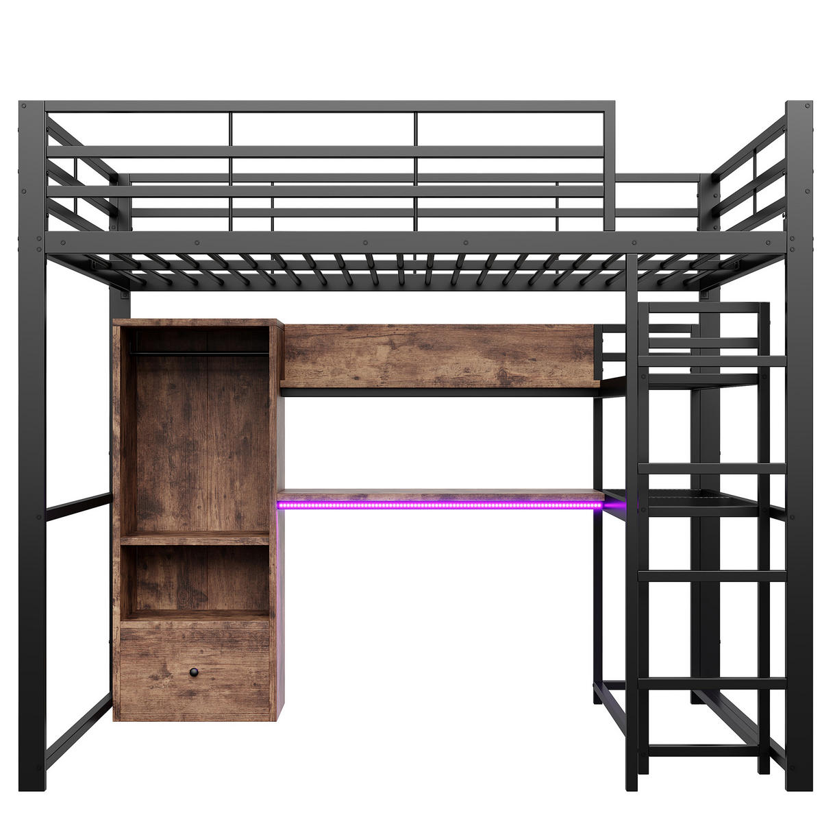 HOCHBETT 140/200 cm aus Metall und MDF mit LED-Beleuchtung und Schreibtisch - Schwarz, Holzwerkstoff (140/200cm) - Flora Grace