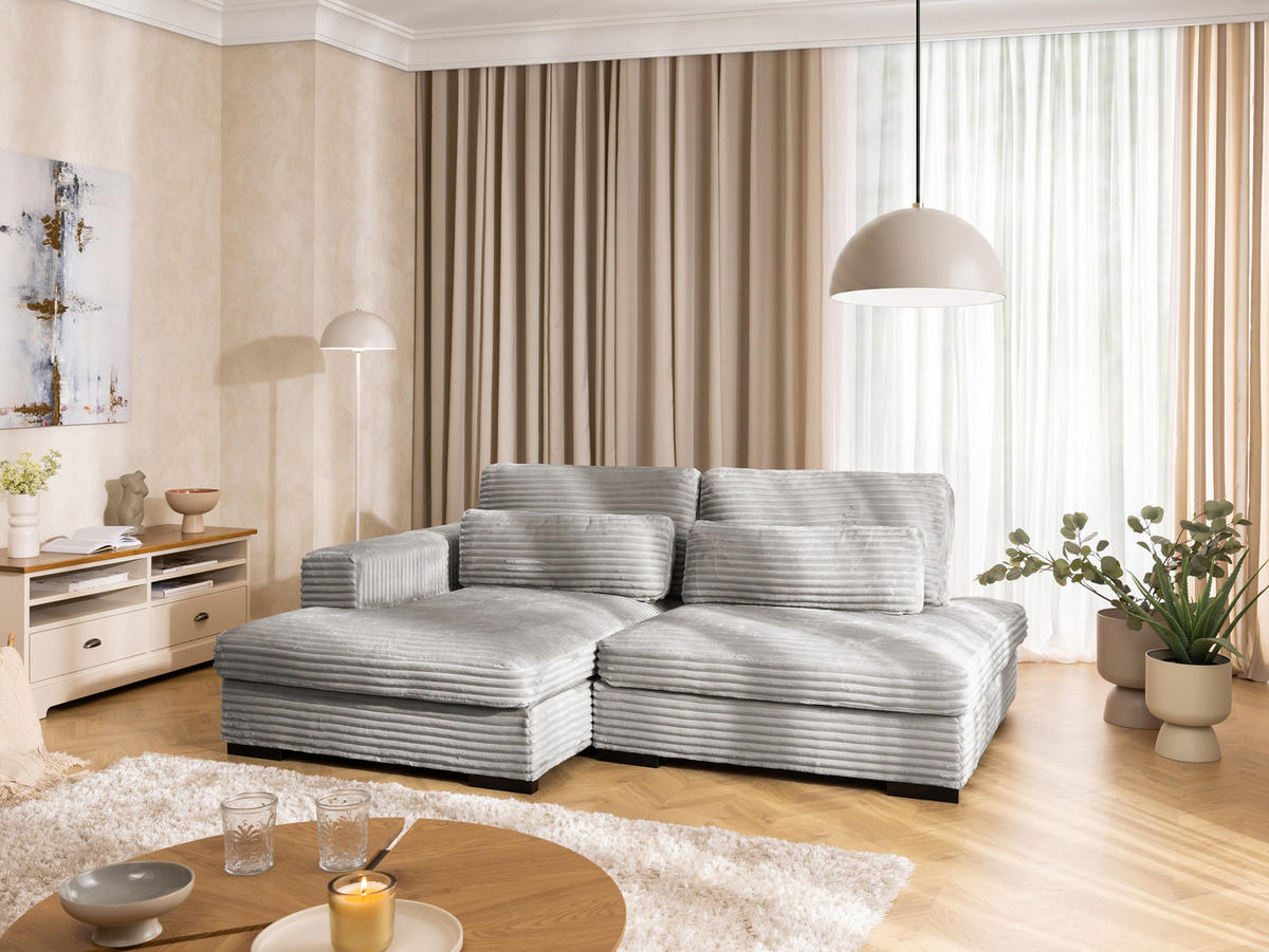 ECKSOFA Wolke mit tiefer Sitzfläche, Schlaffunktion und praktischem Bettkasten aus weichem Taupe Cordstoff - Taupe/Schwarz, Holz/Kunststoff (162/225cm) - S-Style