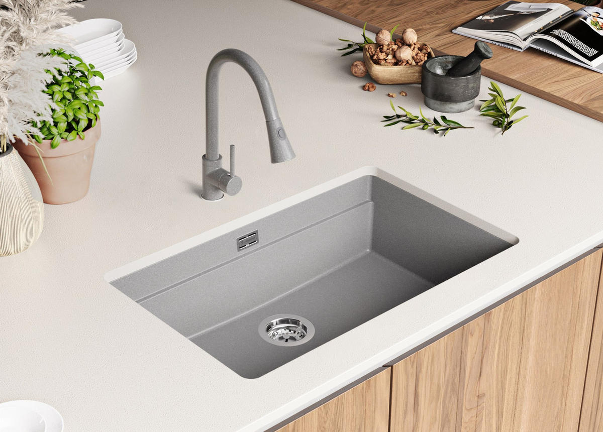 UNTERBAUSPÜLE GRANIT Praga, 2-er set Grau 76/47 cm 1 Becken + Küchenarmatur 38/14 cm + Ablauf-Set + Aufrollbare Abtropffläche ab 80er Unterschrank - Chromfarben/Grau, Kunststoff (76/20/47cm) - Primagran