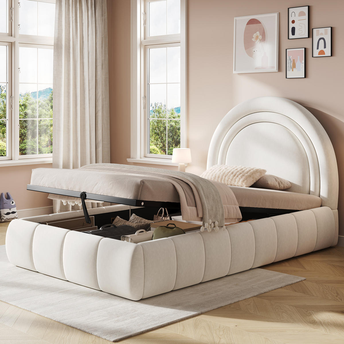 KINDERBETT 90/200 cm in Beige Samt mit Bettkasten und Lattenrost - Beige, Holzwerkstoff/Textil (90/200cm) - CHICFURN