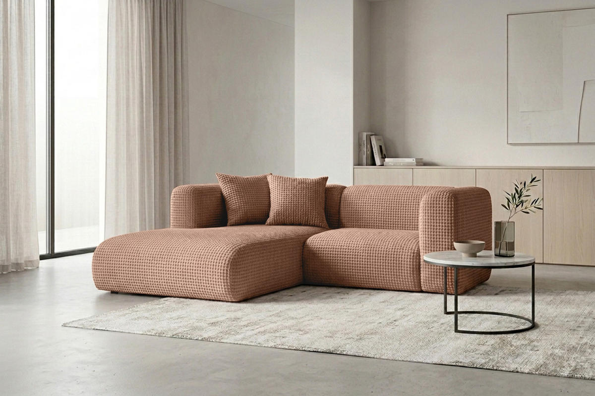 ECKSOFA L-Form mini, Chenille-Stoff Cremona, Hellbraun, Links, GRETA - Hellbraun, Holz (226/179cm) - Kaiser Möbel