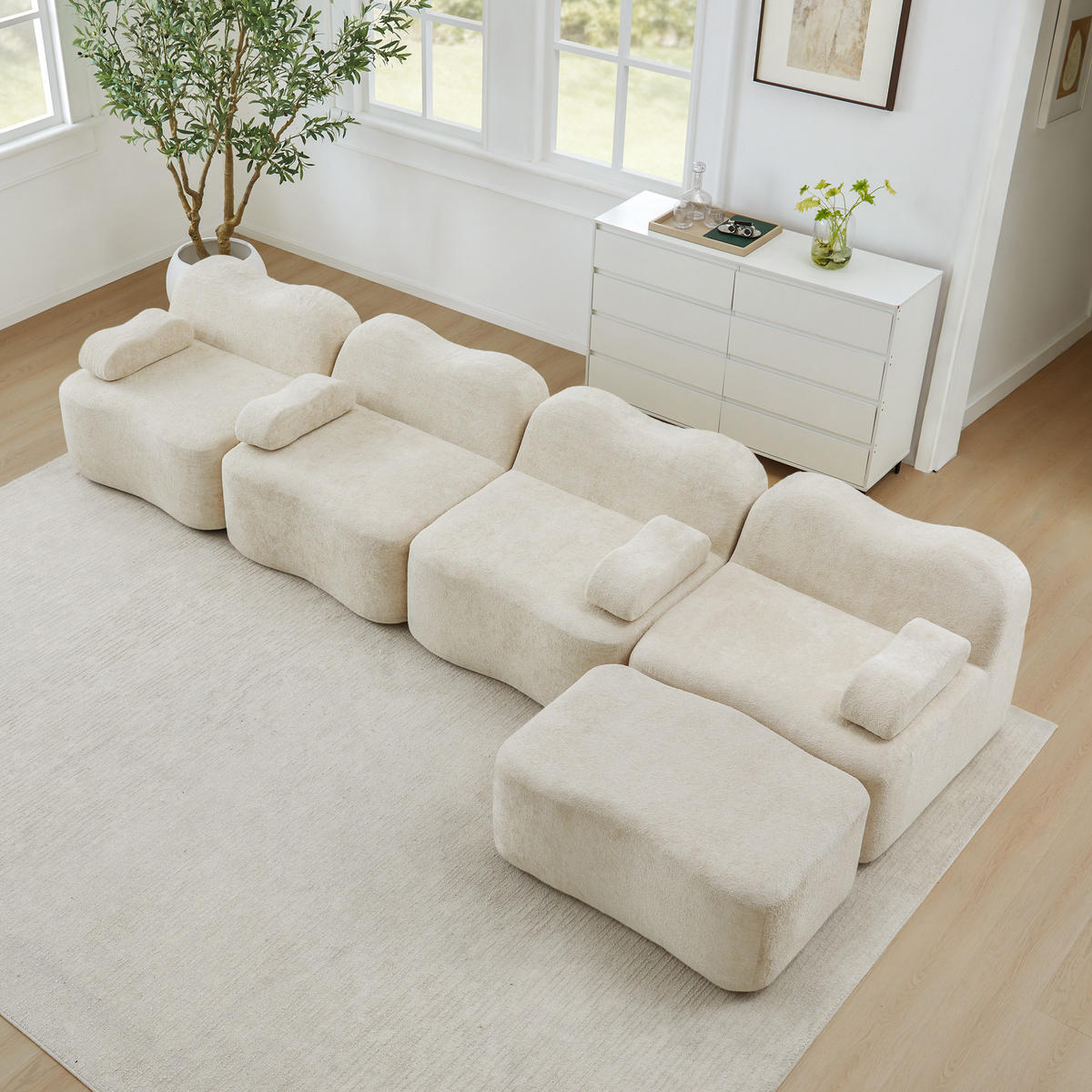 4-SITZER ECKSOFA Samt Beige mit Hocker - Beige, Textil (384/167cm) - WISHDOR