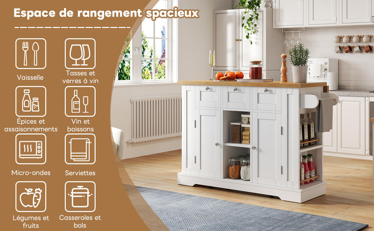 KÜCHENINSEL mit Stauraum, USB & Steckdosen, klappbare Arbeitsplatte - Weiß, Holzwerkstoff/Metall (132/87/70cm) - Urban Meuble
