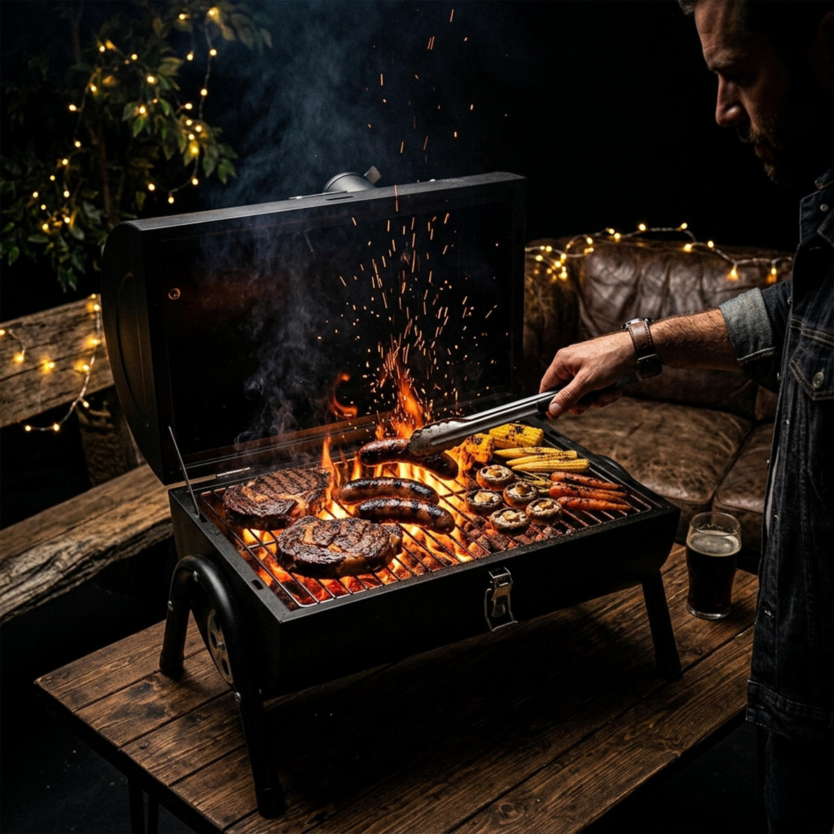 CAMPINGGRILL - Schwarz, Holz/Metall (41/35/29cm) - Relaxdays