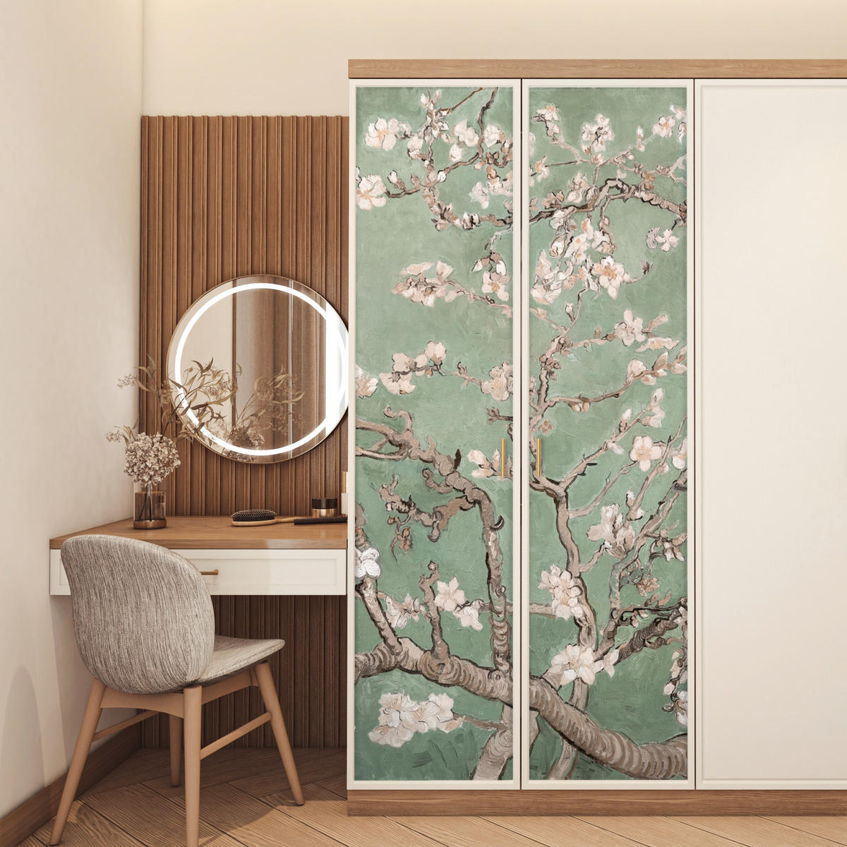 TÜRAUFKLEBER Mandelblüte - Kunst - Van Gogh - Grün 90x215 cm - Türtapete - Salbeigrün, Kunststoff (90/0.1cm) - MuchoWow