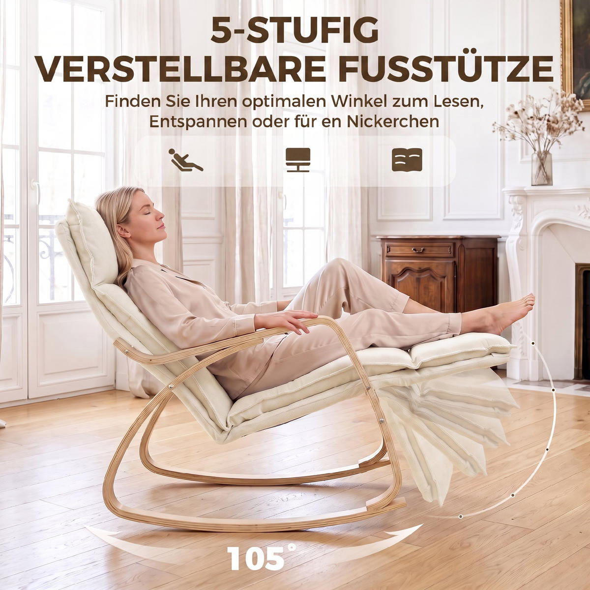 GUNGSTOL i polyester, krämvit - Cremefärgad/Svart, Björkträ/Träbaserade material (67/92/106cm) - HOMCOM