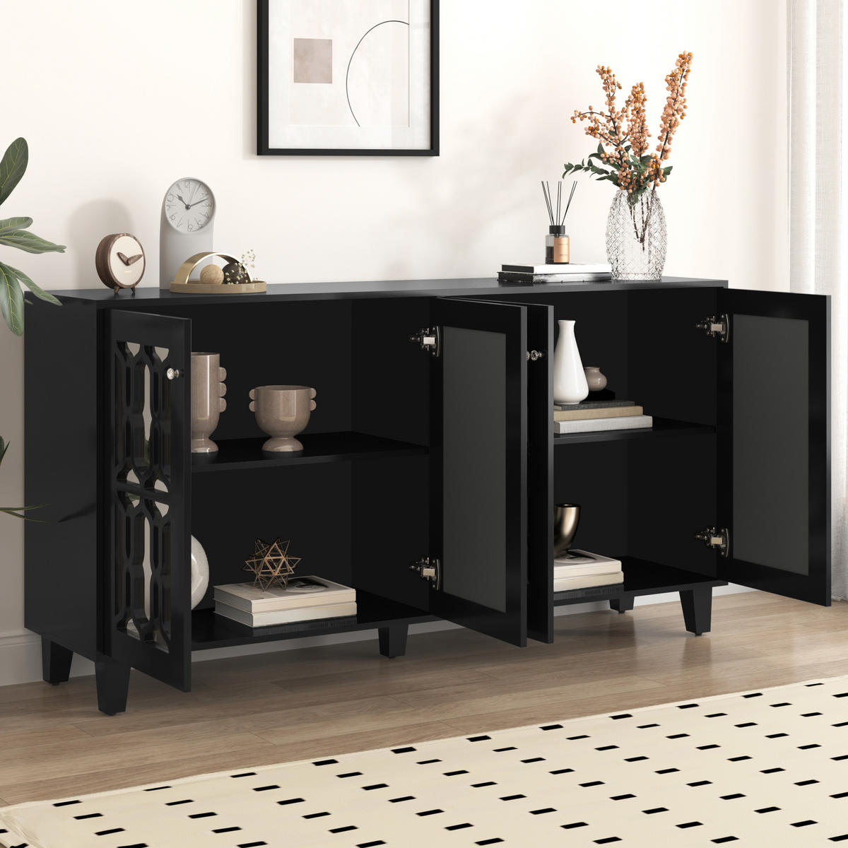 SIDEBOARD Anrichte mit 4 Türen und verstellbaren Einlegeböden mit Spiegeloberfläche Schwarz - Schwarz, Glas/Holzwerkstoff (160/84/40cm) - EVRYAE