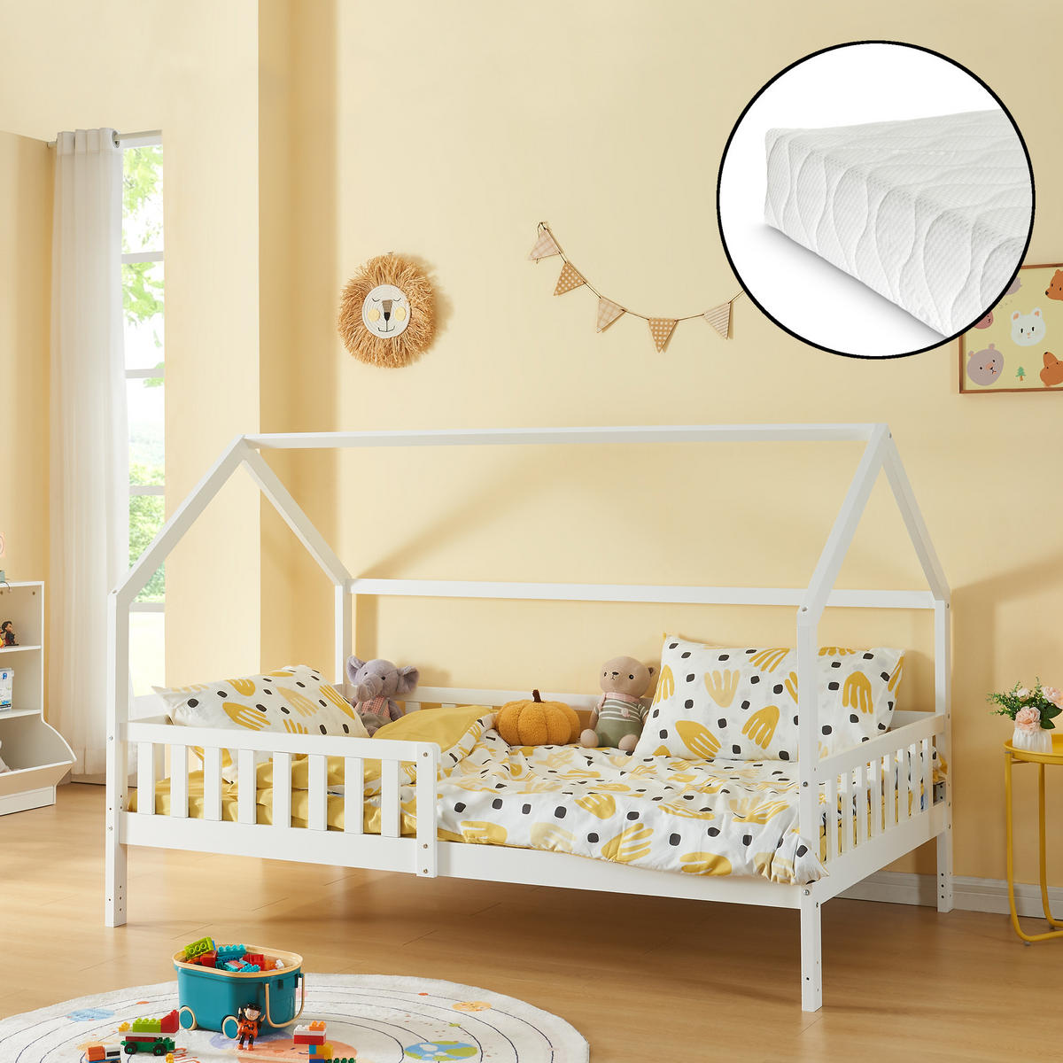 HAUSBETT Ydre mit Matratze - Weiß, Holz (120/200cm) - [en.casa]