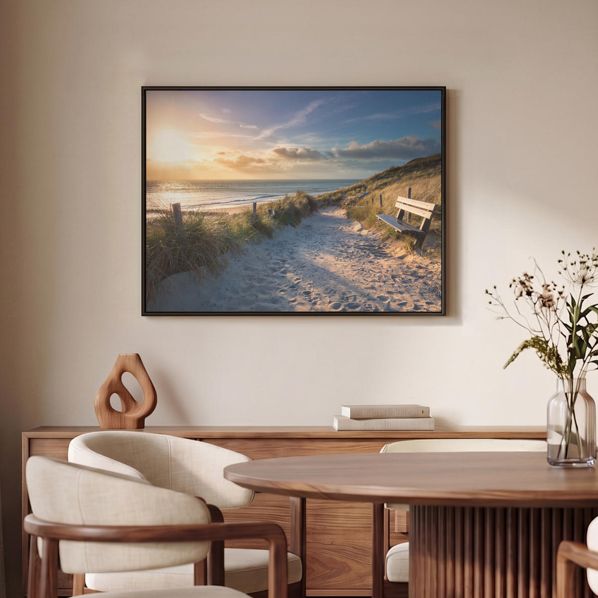LEINWAND Bilder mit Rahmen - Sonnenuntergang - Strand - Düne - Gras - Ufer - 80x60 - Sandfarben, Textil (80/60cm) - MuchoWow