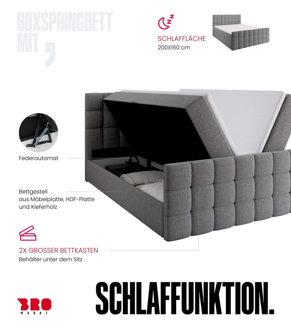 BOXBETT Dakota Duo mit Topper 160/200 Grau - Grau, Holz/Textil (160/200cm) - Bromarkt