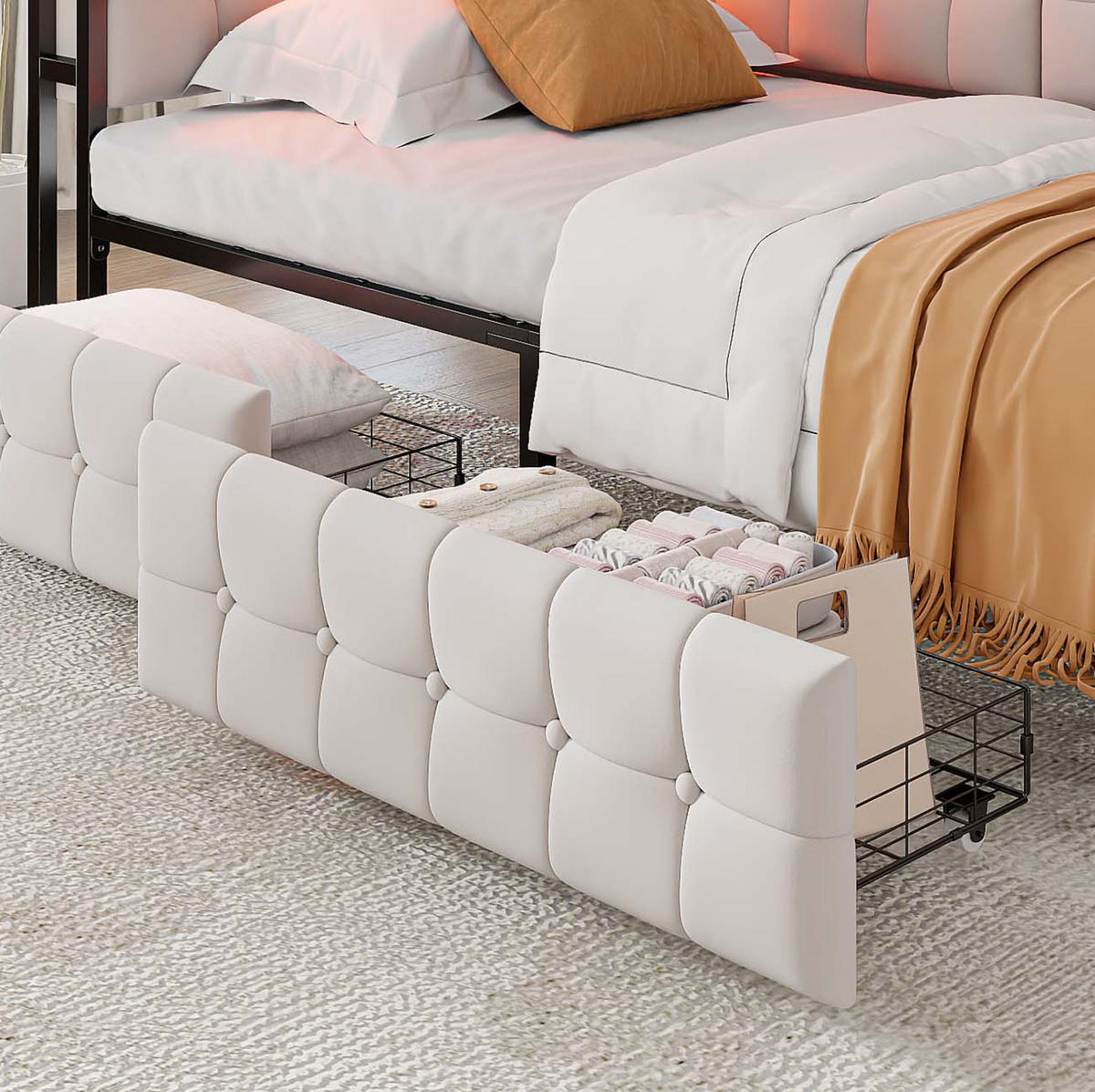 SCHLAFSOFA 90/200 cm mit LED-Beleuchtung, USB- und Typ-C-Anschluss sowie 2 Schubladen, Beige - Beige, Textil (99/83.5/208.5cm) - Redom