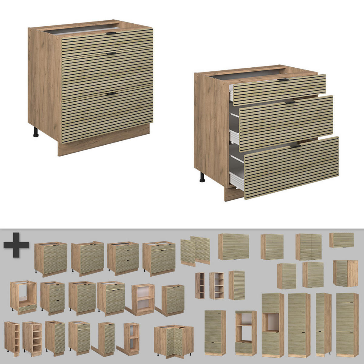 KÜCHENUNTERSCHRANK Fame-Line Eiche Paneel 80 cm mit 3 Schubladen, AP Marmor - Honigeiche/Hellbraun, Holzwerkstoff (80/82/60cm) - Vicco