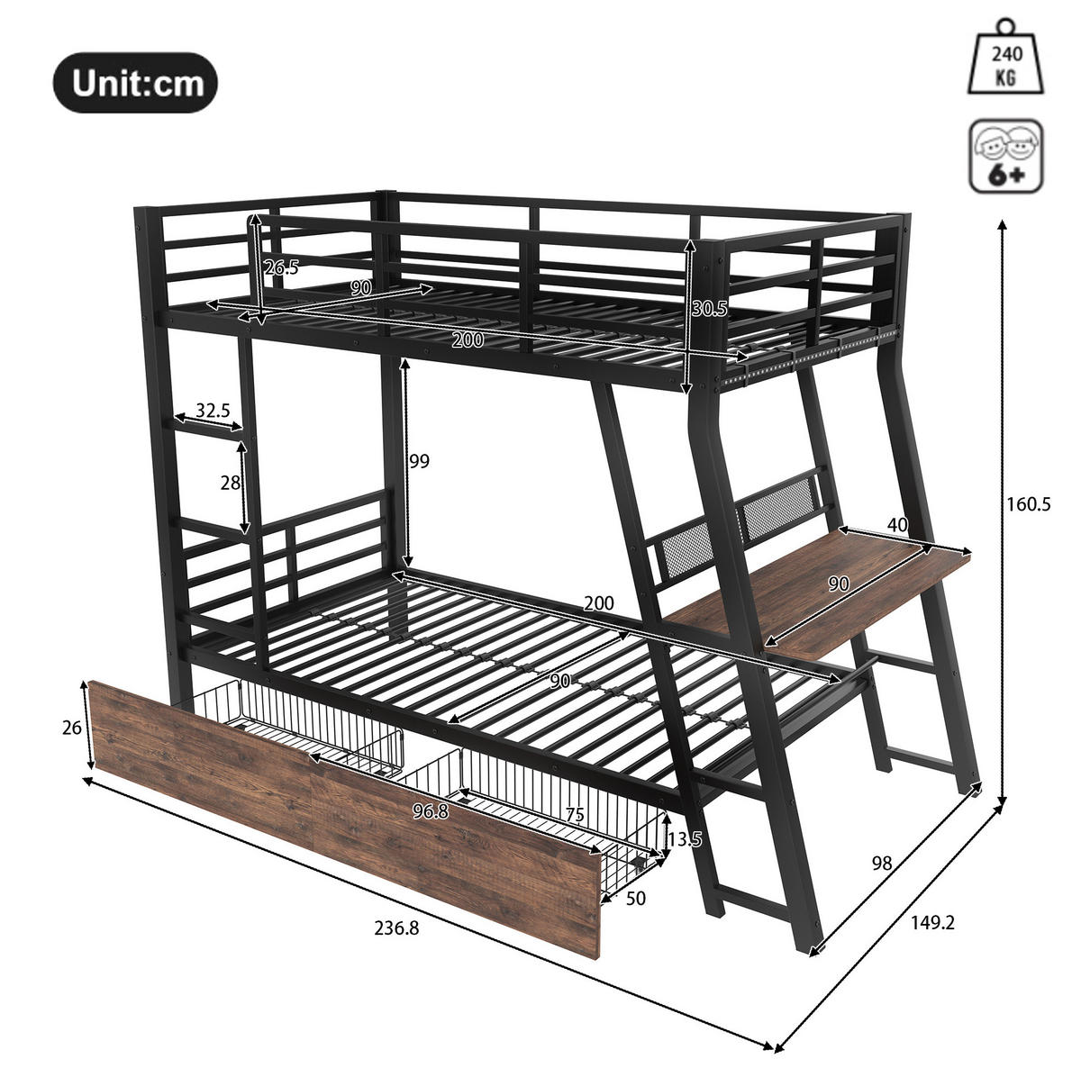 VYSOKÁ posteľ 90/200 cm čierna z kovu s písacím stolom LED osvetlením a zásuvkami - čierna, kov (90/200cm) - OKWISH