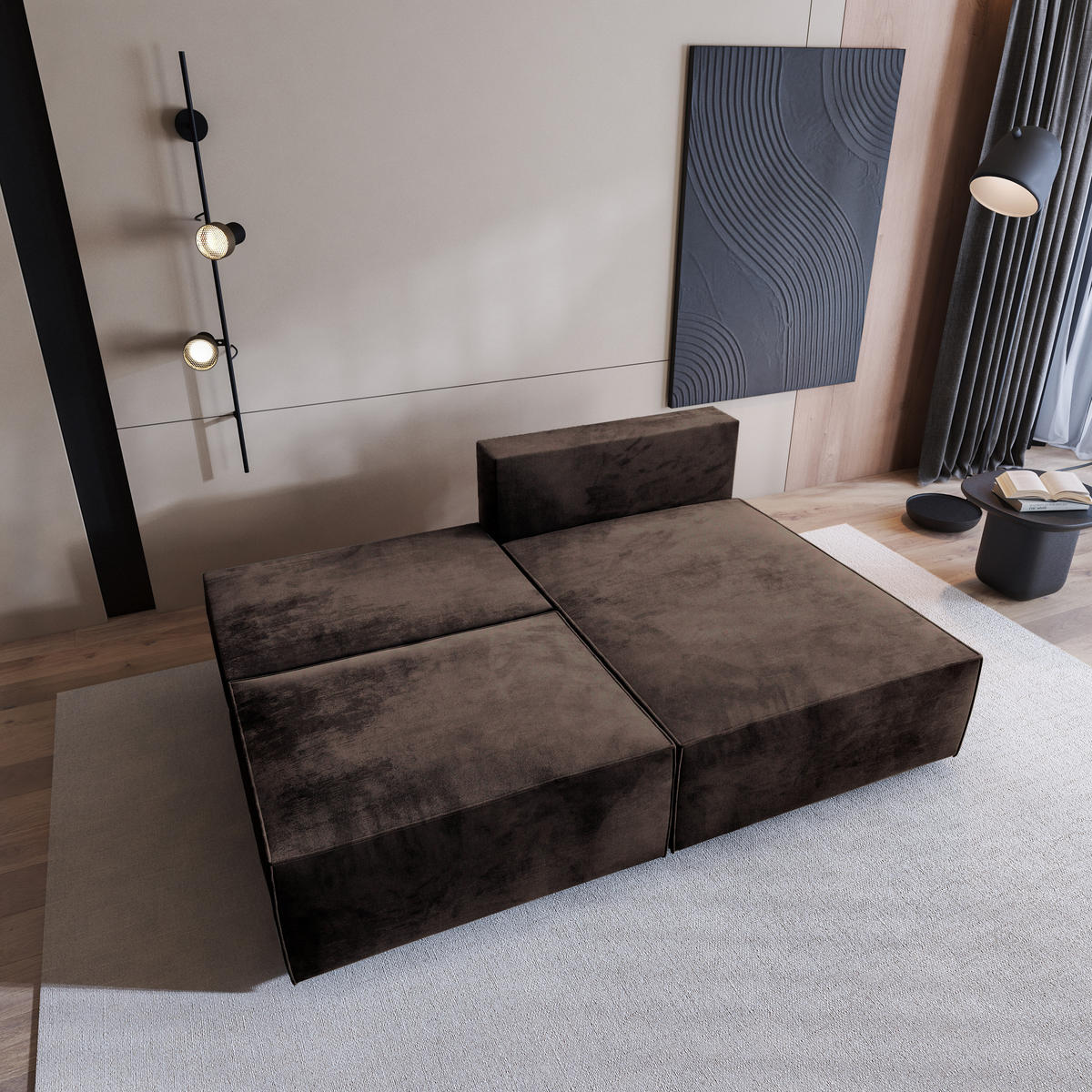 ECKSOFA FIORO M Braun Velours-Stoff mit Schlaffunktion - Braun, Holz (204/148cm) - MASSENO