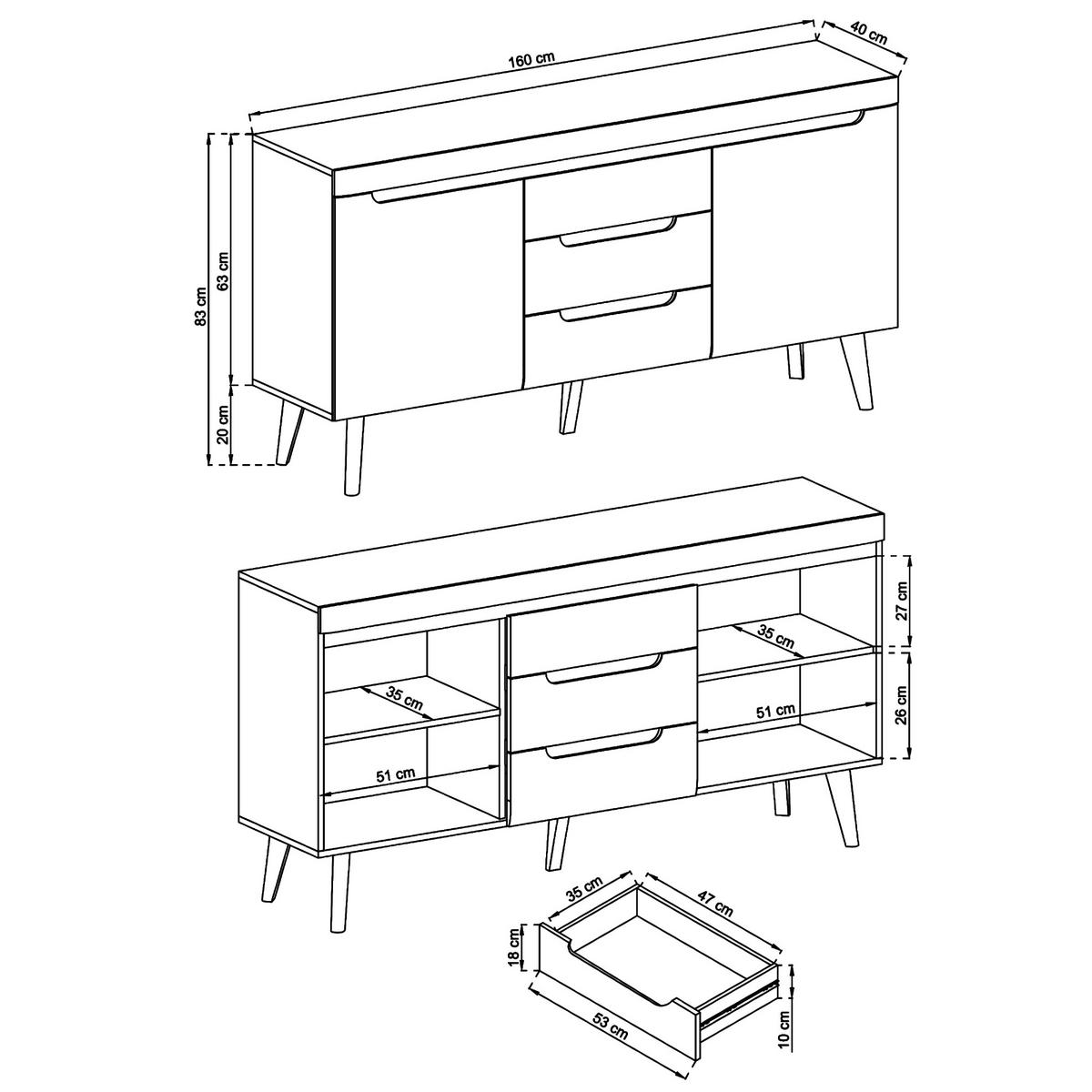 SIDEBOARD SUDBURRY KOM3-2D3S Fronten, in Hochglanz aus MDF-Platte, Weiß - Weiß, Holz/Holzwerkstoff (160/83/40cm) - Komodee