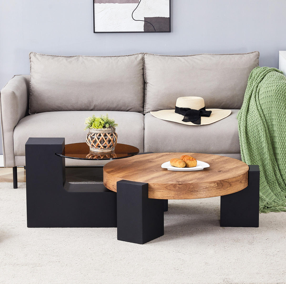 COUCHTISCH 61/30 cm schwarz aus MDF und Glas mit zwei Ebenen - Schwarz, Holzwerkstoff (61/61/30cm) - OKMYHOME