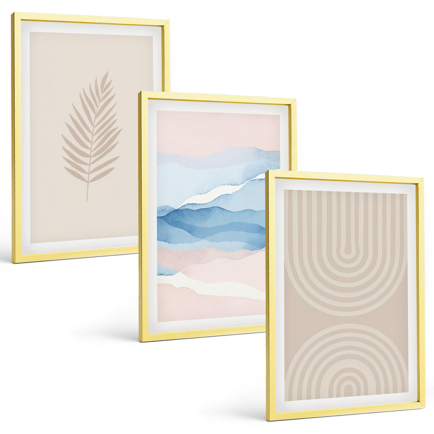 BILDER SET 3er Set - 40x60 cm Goldrahmen - Blätterwellen beige blau - Goldfarben, Kunststoff (40/60cm) - TULUP