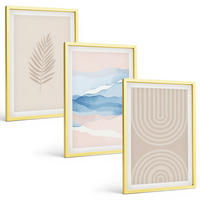 BILDER SET 3er Set - 40x60 cm Goldrahmen - Blätterwellen beige blau - Goldfarben, Kunststoff (40/60cm) - TULUP