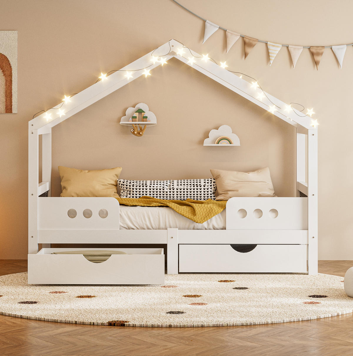 KINDERBETT 90/200 cm mit Dachdesign, Tafel und 2 Schubladen aus Holz und MDF, Weiß - Weiß, Holz (90/200cm) - Redom