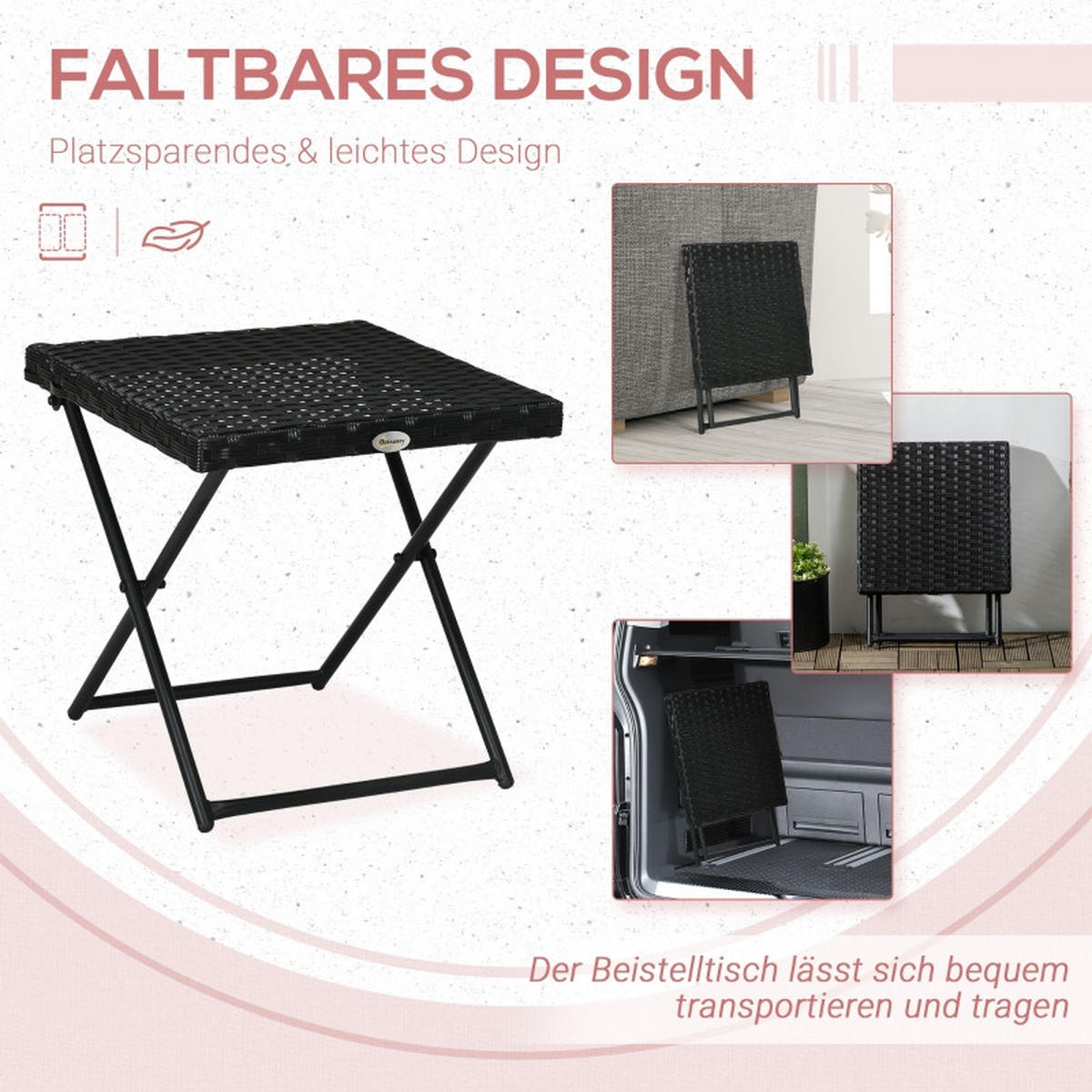 BALKONTISCH Polyrattan klappbar 40x40x40 cm schwarz - Schwarz, Metall (40/40/40cm) - LEBENLANG