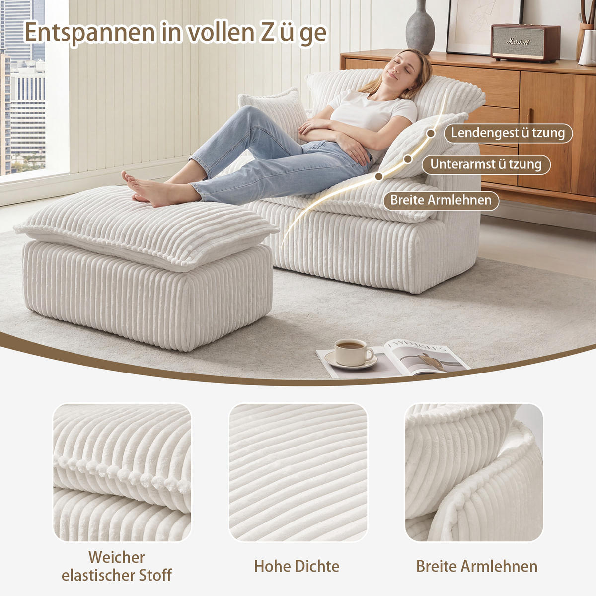 SESSEL DE-35257 mit Hocker Beige - Beige, Textil (89/77/115cm) - ComfortXL