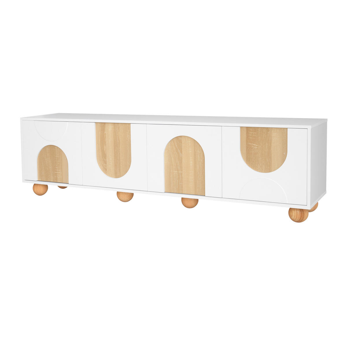 LOWBOARD 175/38/50 cm aus MDF mit 4 Türen und rundem Holzfuß Natur/Weiß - Hellbraun, Holzwerkstoff (175/50/38cm) - Modenvie