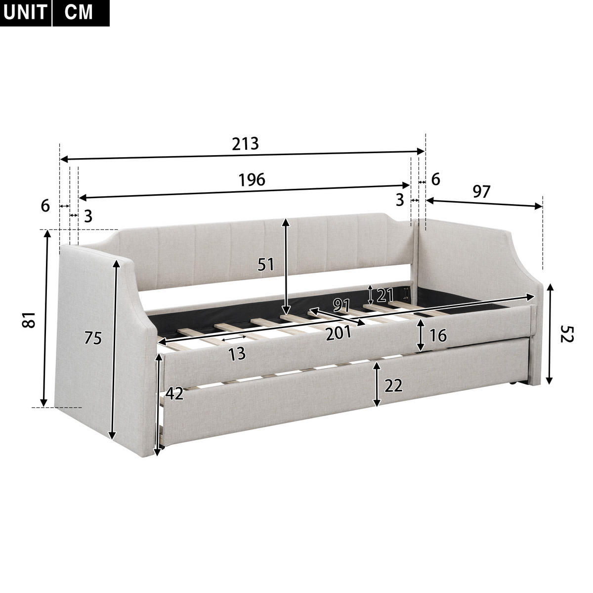 TAPECIRANI dnevni krevet 90/200(190) cm bež od pamučnog lana s pomoćnim izvlačnim ležajem - bež, tekstil (90/200cm) - OKWISH