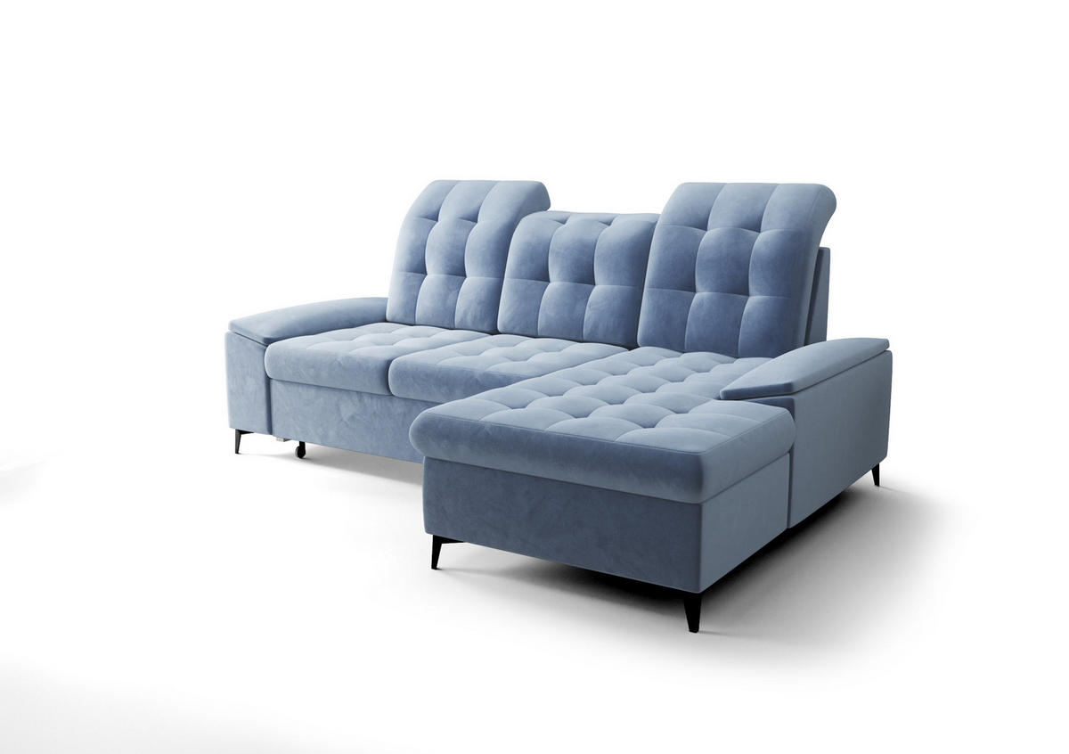 ECKSOFA KONGO RBN18, Eckcouch in L-Form mit Schlaffunktion, Farbe: Blau, Velourstoff, Ottomane Rechts - Blau, Textil (257/172cm) - O-Sofa