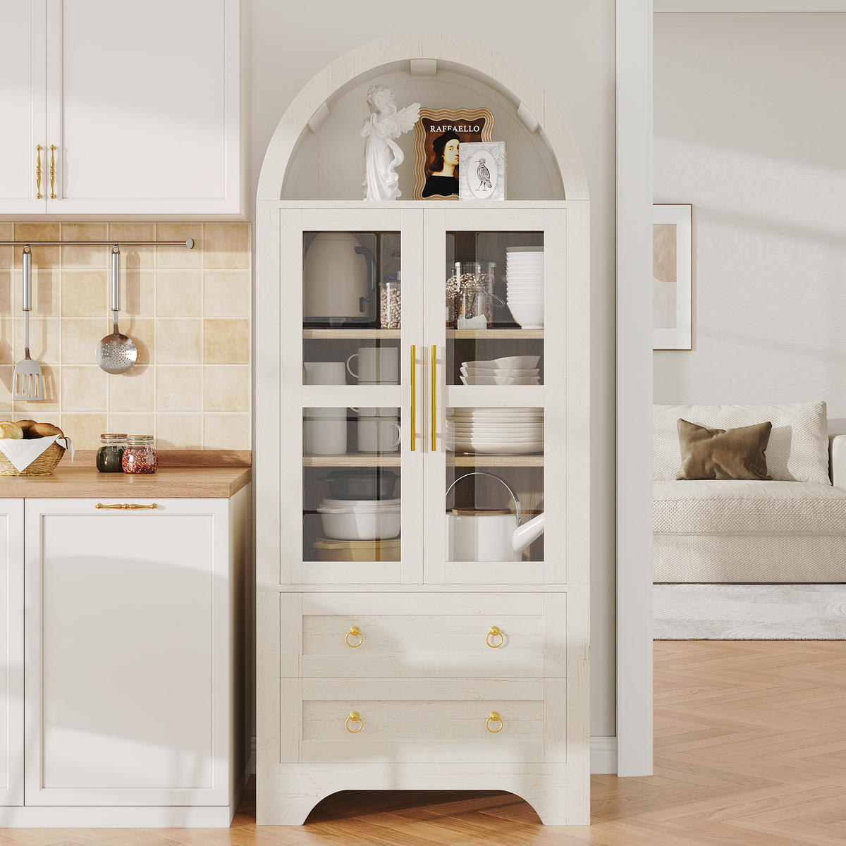 HIGHBOARD Weiß 76,2×40×180 cm mit Glastüren, Schubladen und verstellbaren Einlegeböden aus Holzwerkstoff und Glas - Weiß, Holzwerkstoff (76.2/180/40cm)