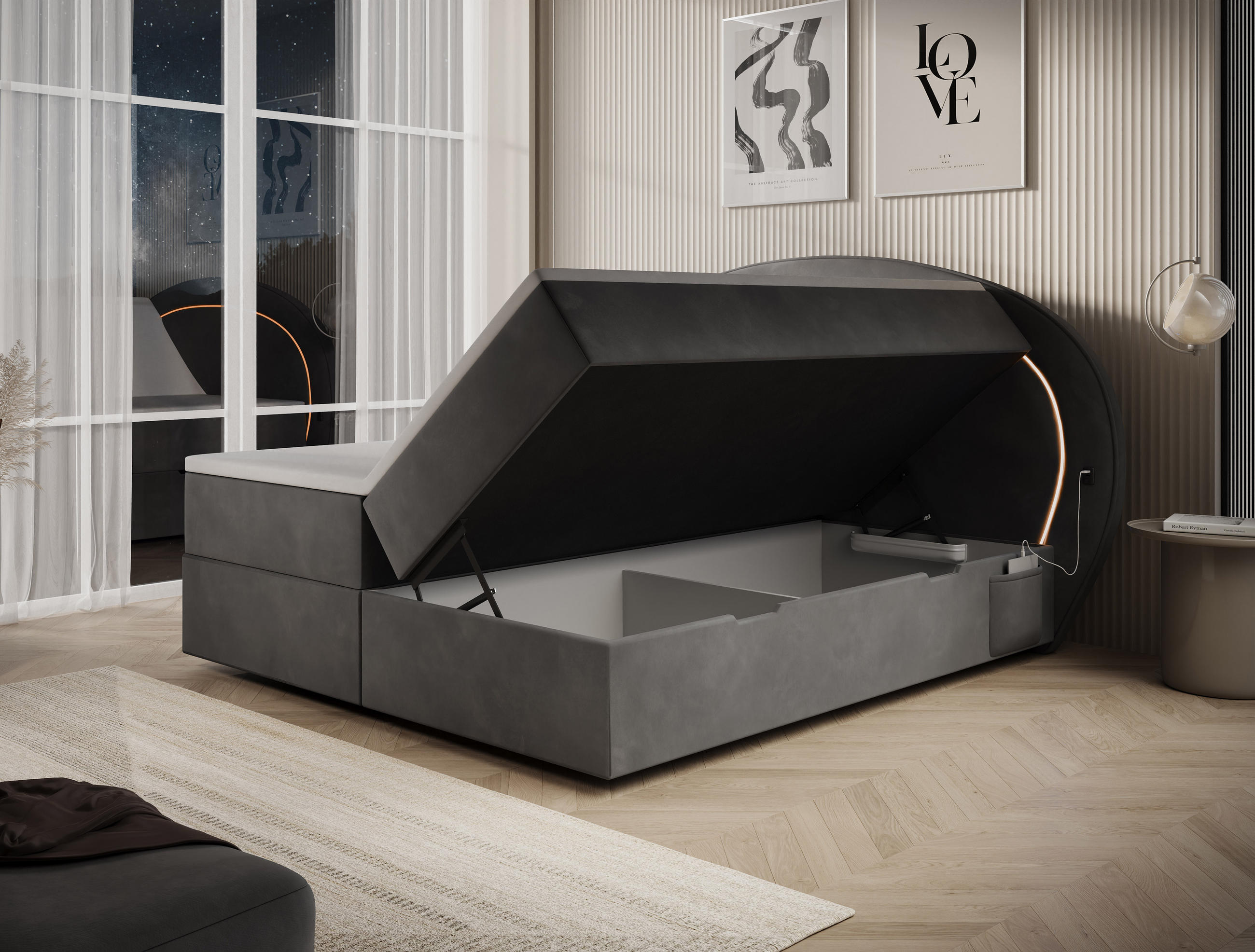 BOXBETT Nova 1 grau 180/200 cm mit LED H3 - Grau, Textil (180/200cm) - wonello