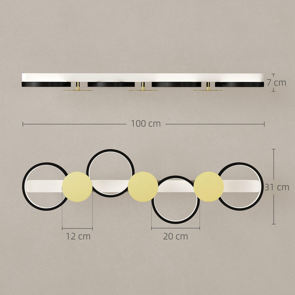 DECKENLEUCHTE LED 38W 1500LM 3000K-6500K Deckenlampe mit 4 Glühbirnen Szenenmodi - Schwarz, Metall (100/31/7cm) - HOMCOM