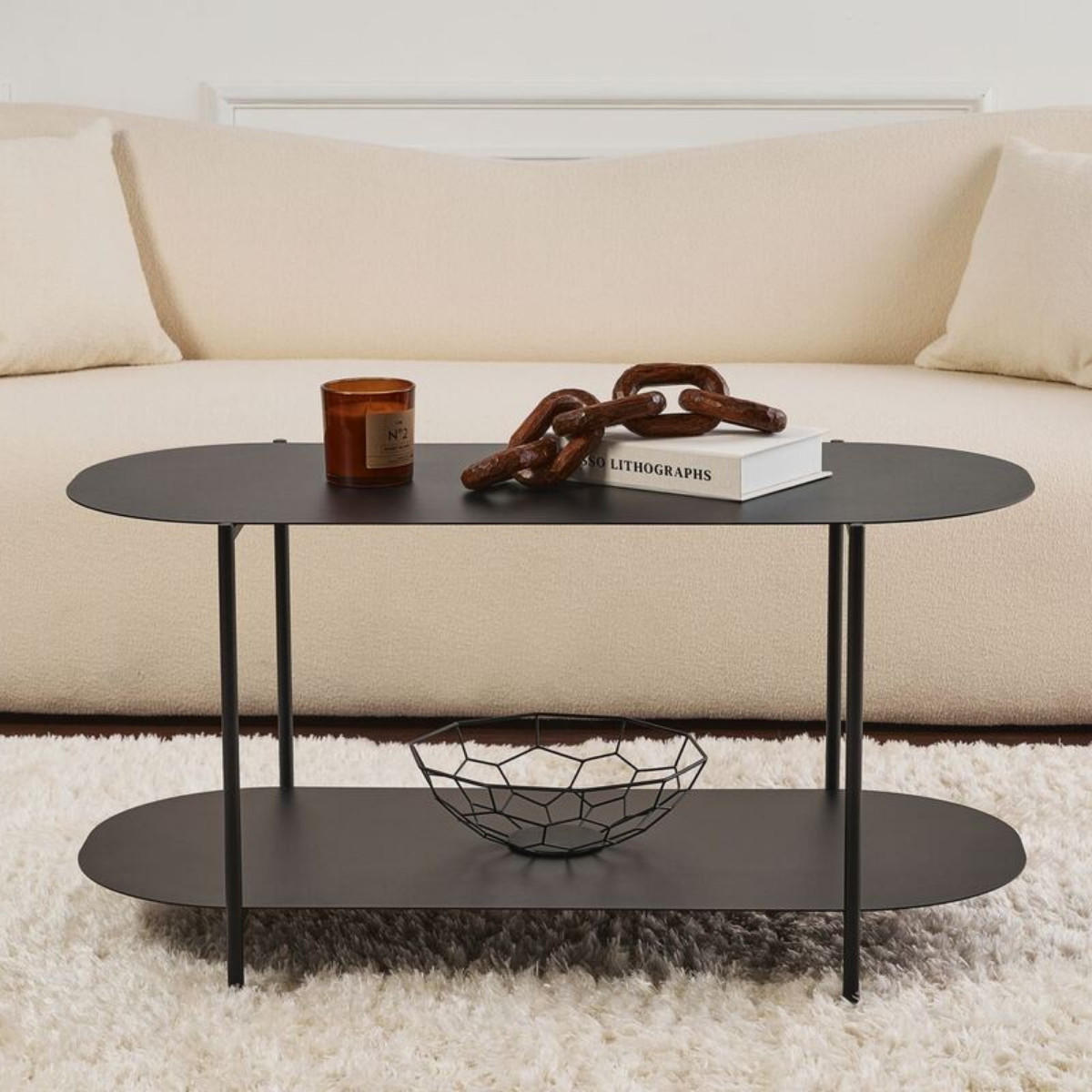 COUCHTISCH mit 2 ablagen mit abgerundeten kanten 51/100/45 cm - Schwarz, Metall (104/51/45cm) - Calicosy