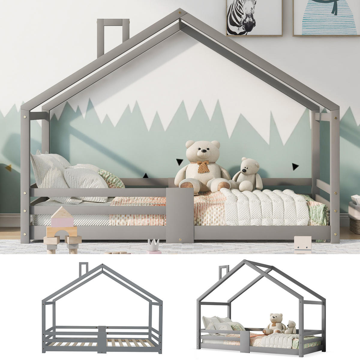 KINDERBETT 90/200 cm Grau aus Kiefernholz mit Rausfallschutz - Grau, Holz (90/200cm) - OKMYHOME